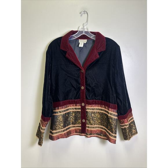 VTG Coldwater Creek Blazer Jacket S Velvet Black Red Patchwork Holiday - Picture 1 of 7